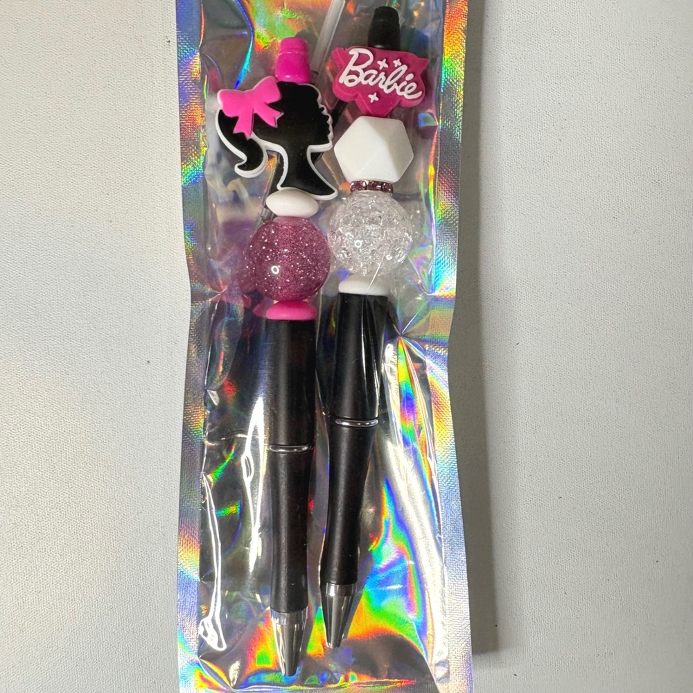 Barbie Beaded Pen Set 2 Pack Pink Black Silhouette Logo Stationery New